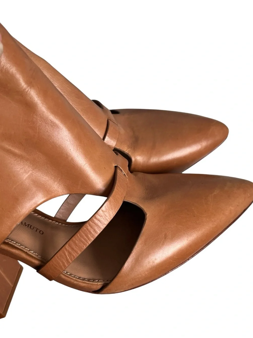 Vince Camuto Cognac Leather Pointed Toe Cutout Block Heel Pumps Sz 10